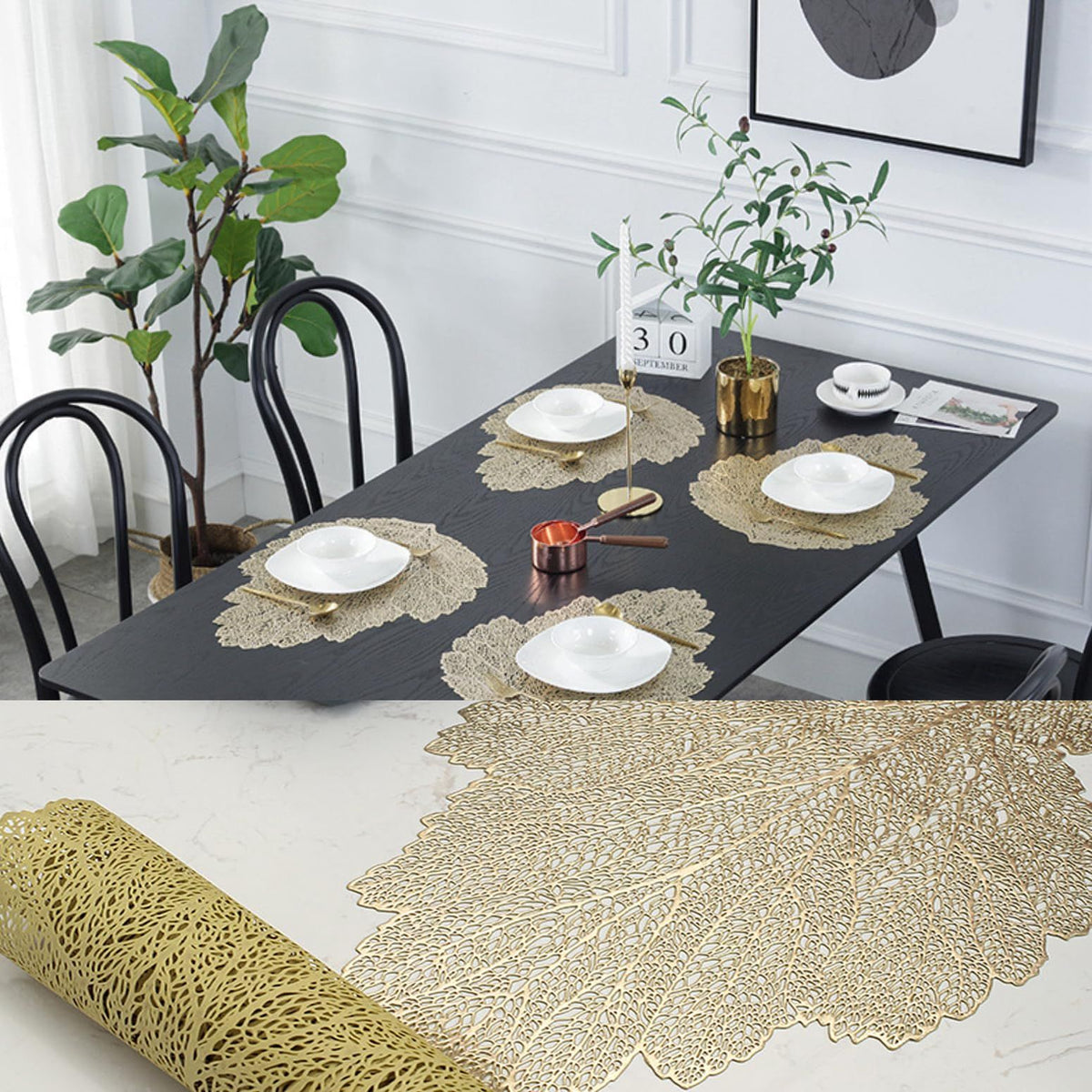 Placemats Set of 6, 15 Inch Metallic Vinyl Christmas Festival Lunch Mats Leaf Holiday Party Restaurant Home Table Decoration, Gold