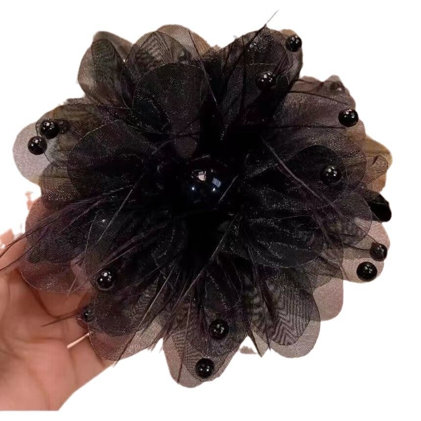Craft Chiffon Flowers Ribbon Bows W/Beads Appliques Wedding Decor (Black)-Silk Hair Claw Clips Bead Hair Claw Clips Flower