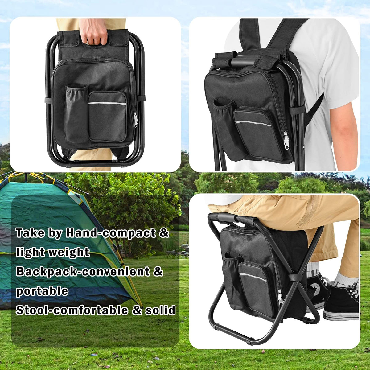 Backpack Stool Cooler Chair Heavy Duty 400 LBS Max Load Portable Lightweight Stool Backpack Folding