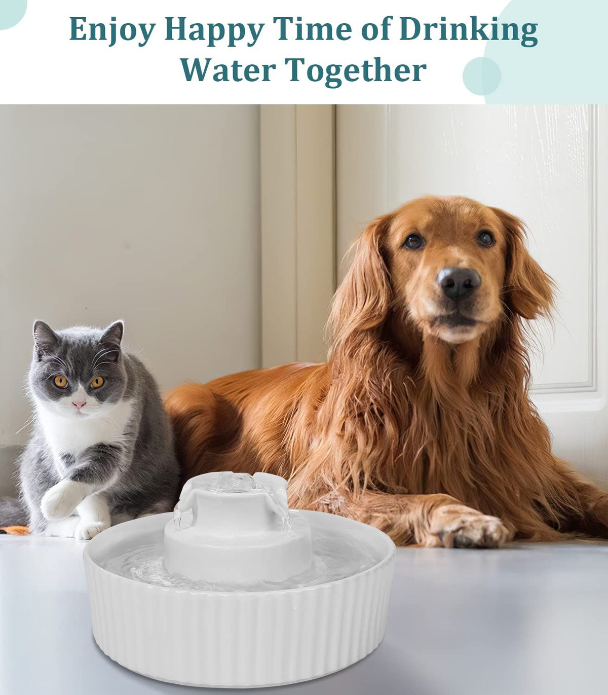 Ceramic Cat Water Fountain, Pet Ceramic Water Fountain Dispenser, 2.1 L Drinking Fountains Bowl for Cats and Dogs(White)