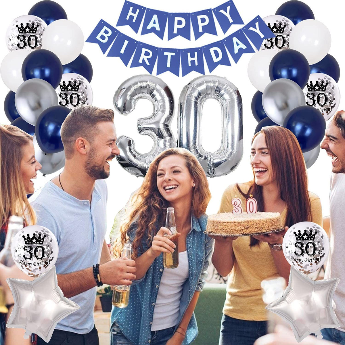 30th Birthday Decorations for Men, 30th Birthday Party Supplies with HAPPY BIRTHDAY Banner and Number 30 Balloons,Silver Navy Blue