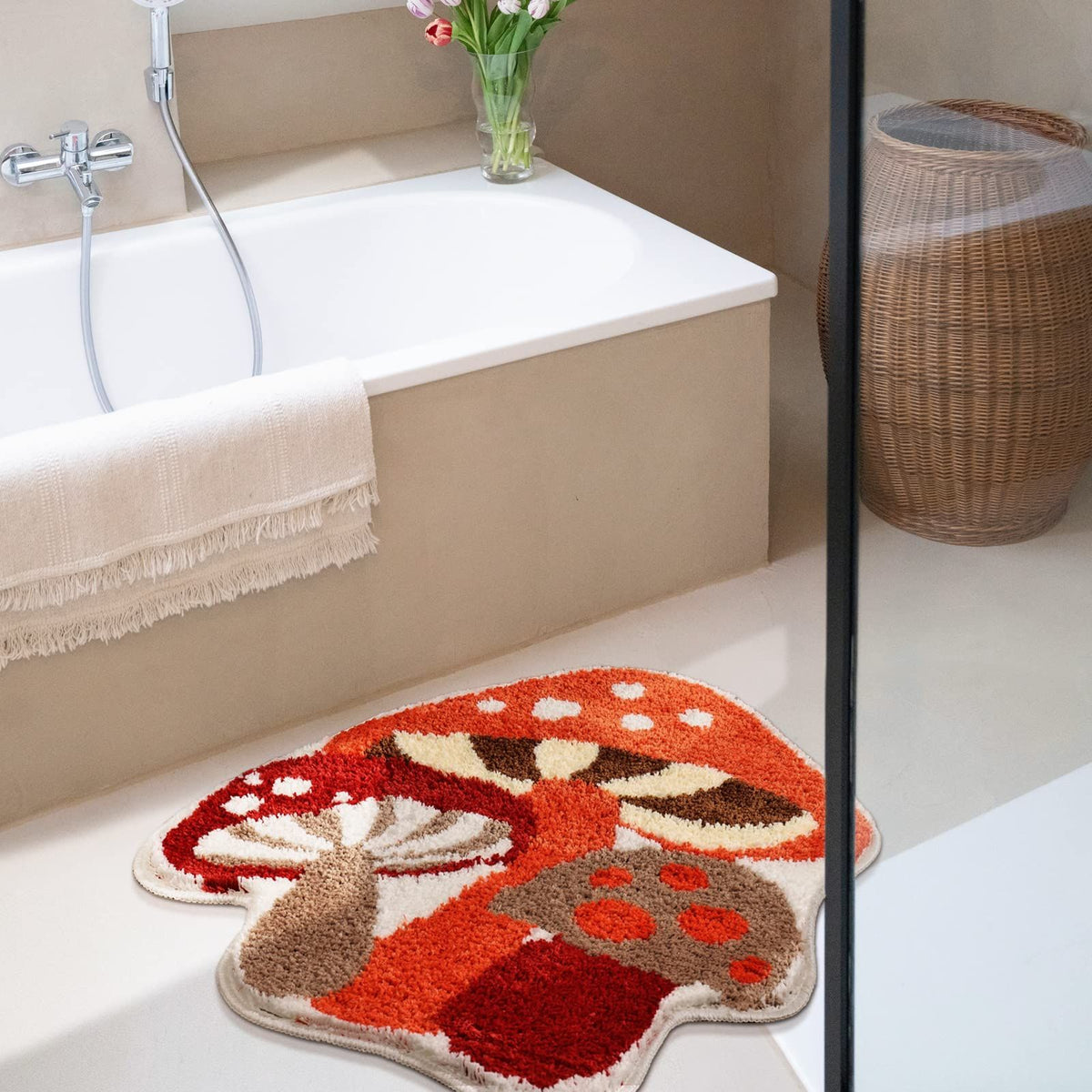 Bathroom Rugs Cute Bath Mat Non Slip Red Mushroom Bath Rug for Women Kids and Girls Strong Absorbent Soft Washable Bath