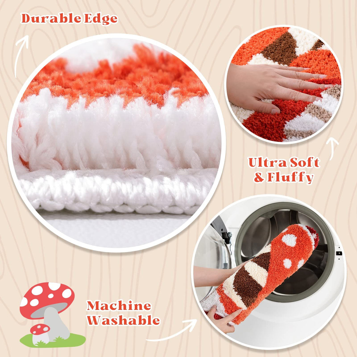 Bathroom Rugs Cute Bath Mat Non Slip Red Mushroom Bath Rug for Women Kids and Girls Strong Absorbent Soft Washable Bath