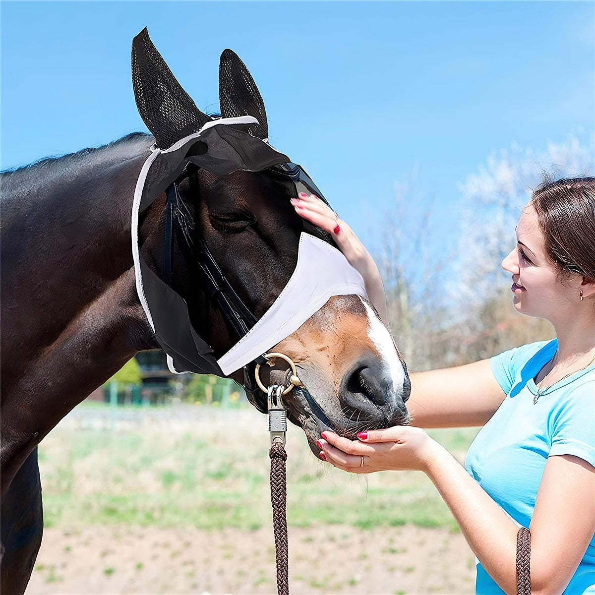 Horse Fly Mask with Ears Cover Uv Protection Horses Fly Mask with Eyes Cover Black Net Equine Sunscreen Quiet Ride (Pony)