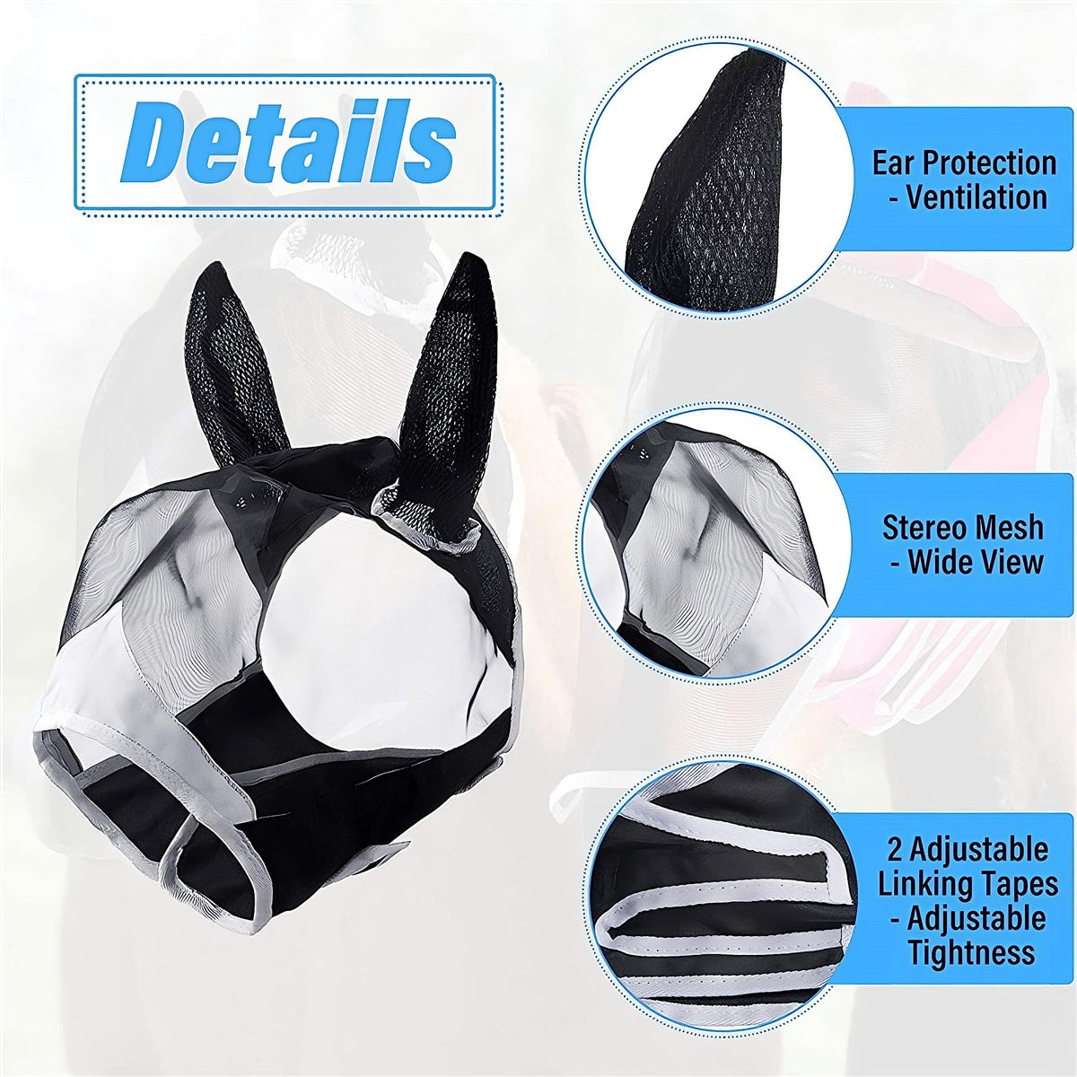 Horse Fly Mask with Ears Cover Uv Protection Horses Fly Mask with Eyes Cover Black Net Equine Sunscreen Quiet Ride (Pony)