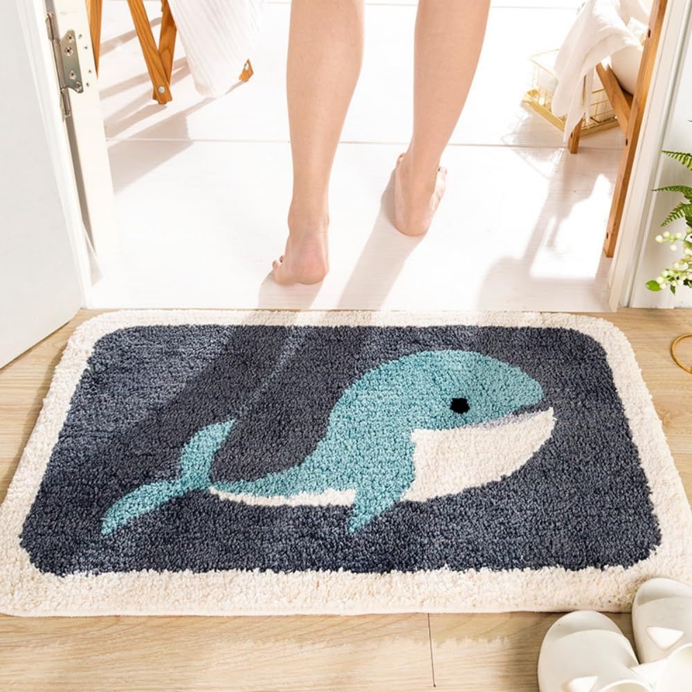 Bathroom Rugs Grey Whale Bath Rug for Bathroom Non-Slip Soft Absorbent Machine-Washable, Shower Bathroom , 20x31.4 Inch, Grey