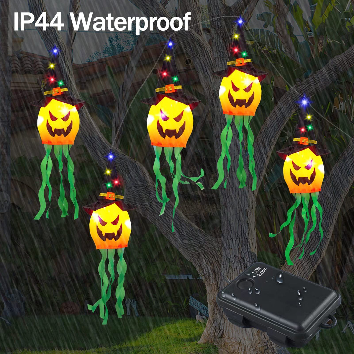 Halloween Decorations String Lights Outdoor Hanging, 12Ft 30 LED Lighted 5 Pcs Scary Witch Hat Pumpkin Battery Operated Light