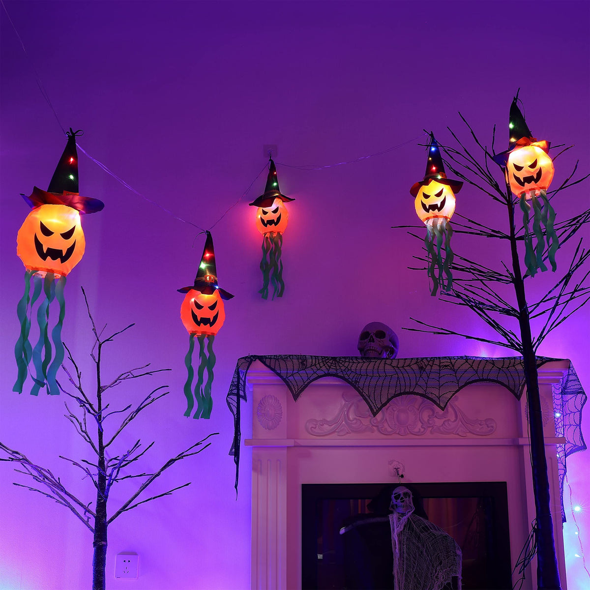Halloween Decorations String Lights Outdoor Hanging, 12Ft 30 LED Lighted 5 Pcs Scary Witch Hat Pumpkin Battery Operated Light