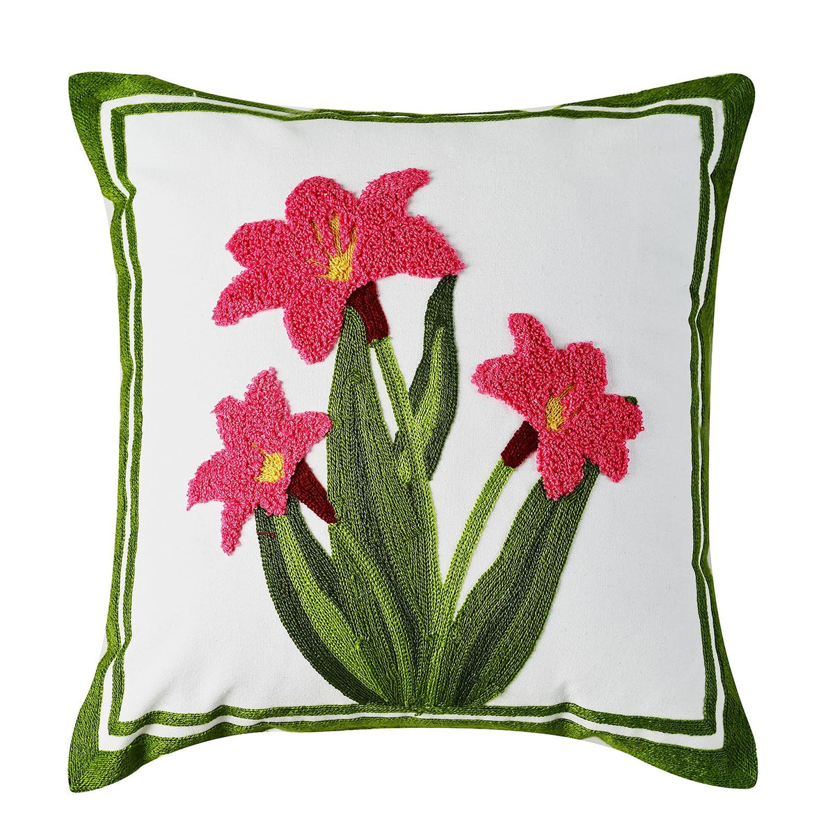 Pink Daffodil Flower Embroidered Throw Pillow Covers, Farmhouse Decorative Square Floral Accent Cushion Covers, 18 x 18 Inch