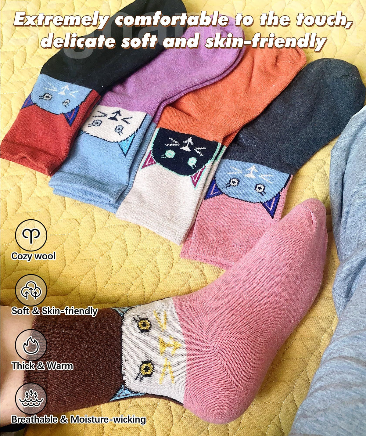 Cute Warm Wool Socks for Women Super Cozy Thick Crew Winter Socks Gifts, 5 Pairs with sweat absorption, breathable