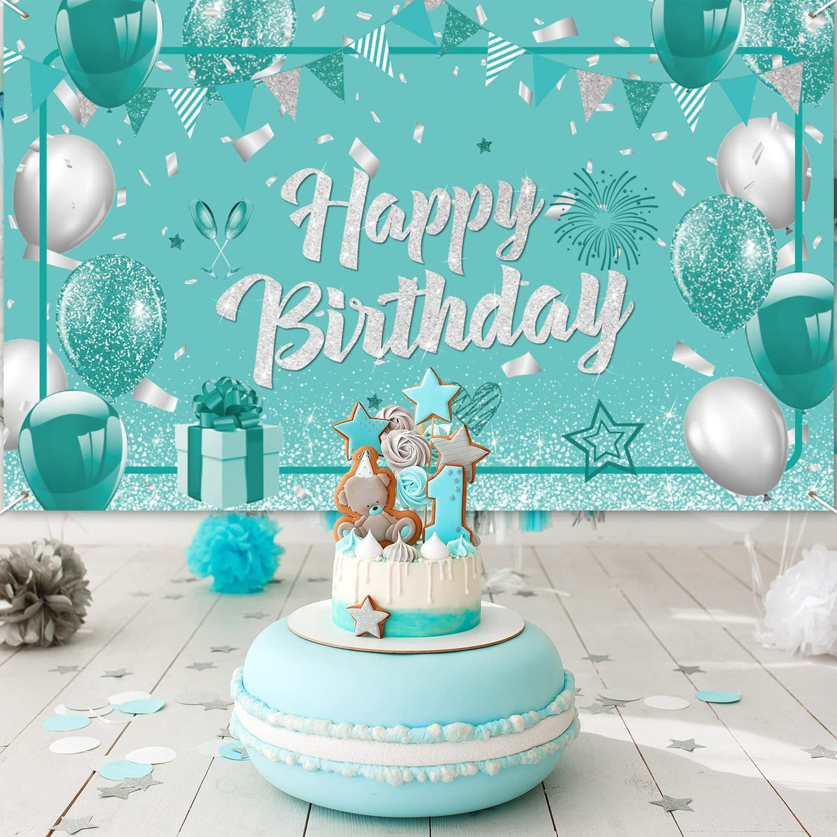Teal Birthday Banner Turquoise and Silver Green Birthday Party Decorations Mint Blue Birthday Backdrop for Girls Boys,71 x 44 Inch