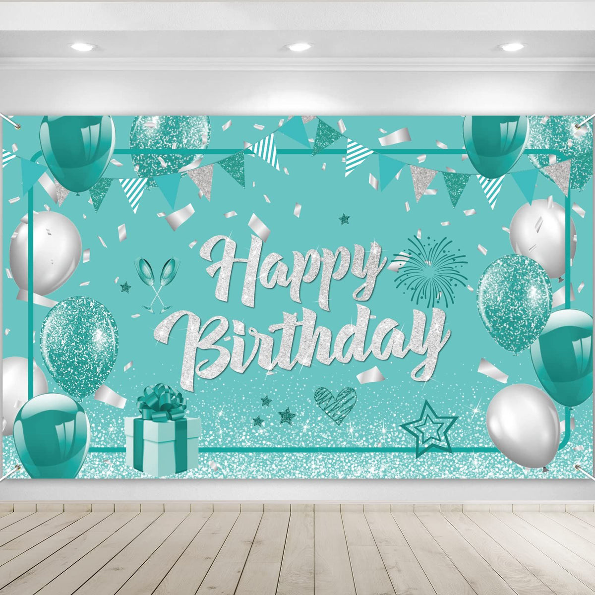 Teal Birthday Banner Turquoise and Silver Green Birthday Party Decorations Mint Blue Birthday Backdrop for Girls Boys,71 x 44 Inch
