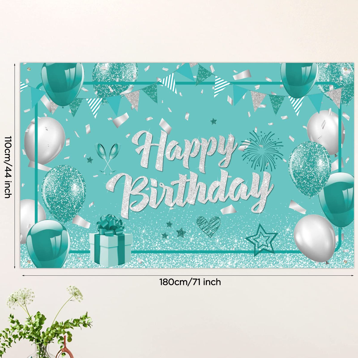 Teal Birthday Banner Turquoise and Silver Green Birthday Party Decorations Mint Blue Birthday Backdrop for Girls Boys,71 x 44 Inch