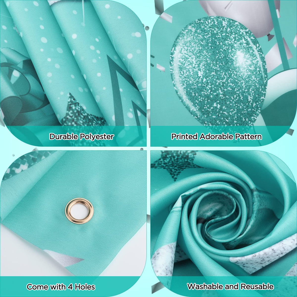 Teal Birthday Banner Turquoise and Silver Green Birthday Party Decorations Mint Blue Birthday Backdrop for Girls Boys,71 x 44 Inch