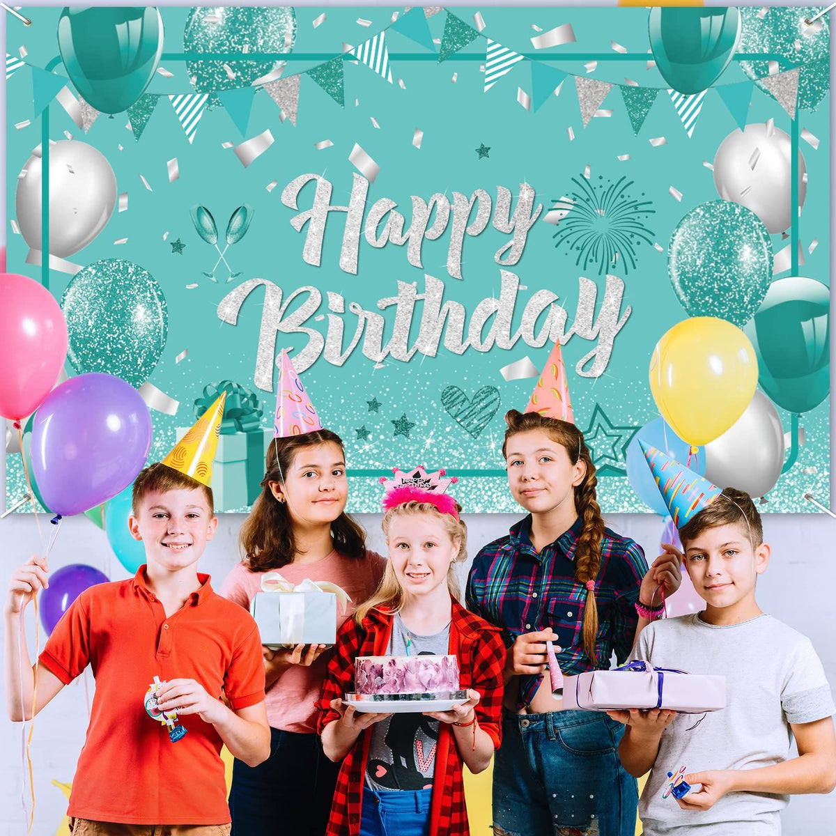 Teal Birthday Banner Turquoise and Silver Green Birthday Party Decorations Mint Blue Birthday Backdrop for Girls Boys,71 x 44 Inch