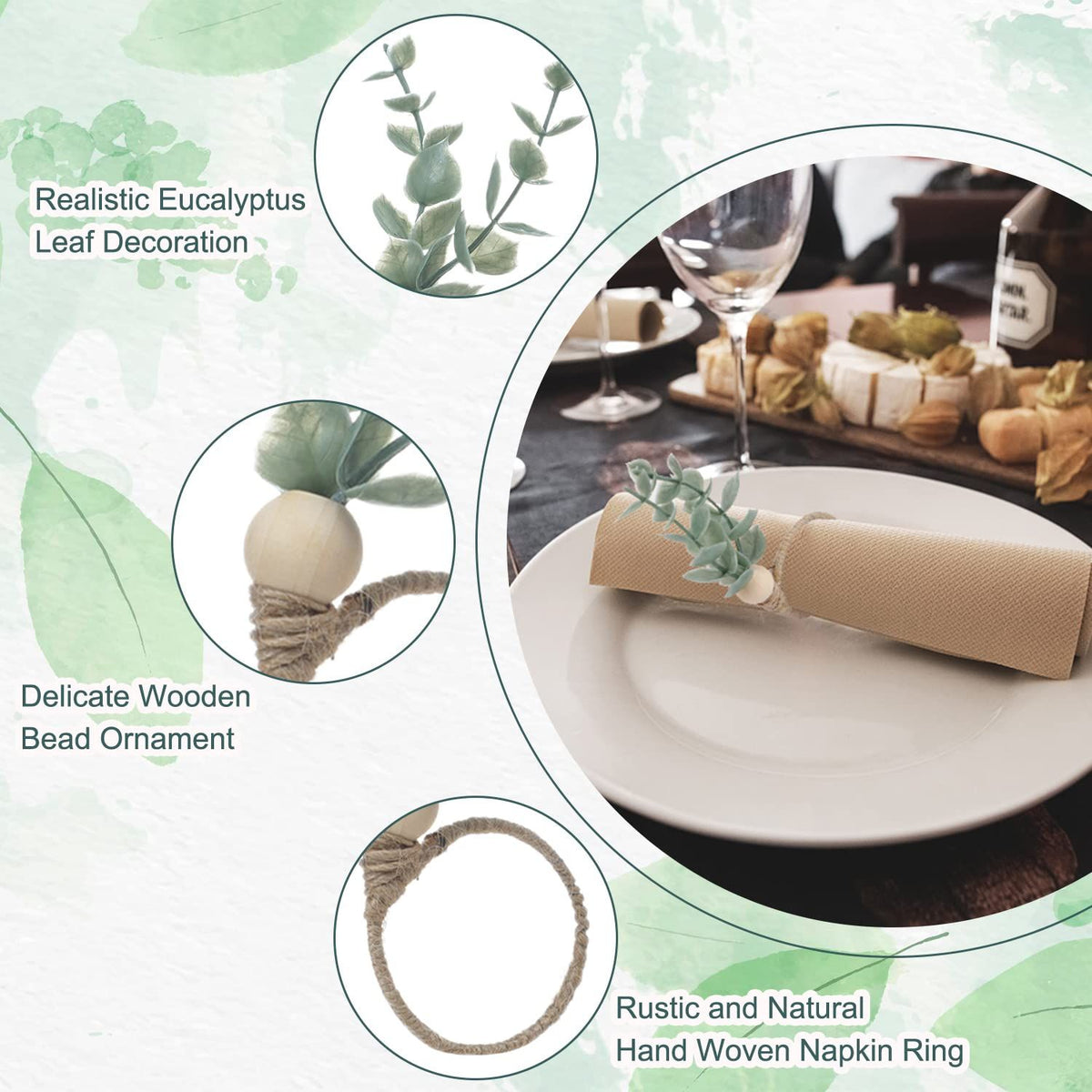 Rings Set of 12, Farmhouse Napkin Rings Eucalyptus Napkin Rings Wooden Napkin Rings Spring Rustic Green Leaf Napkin Rings
