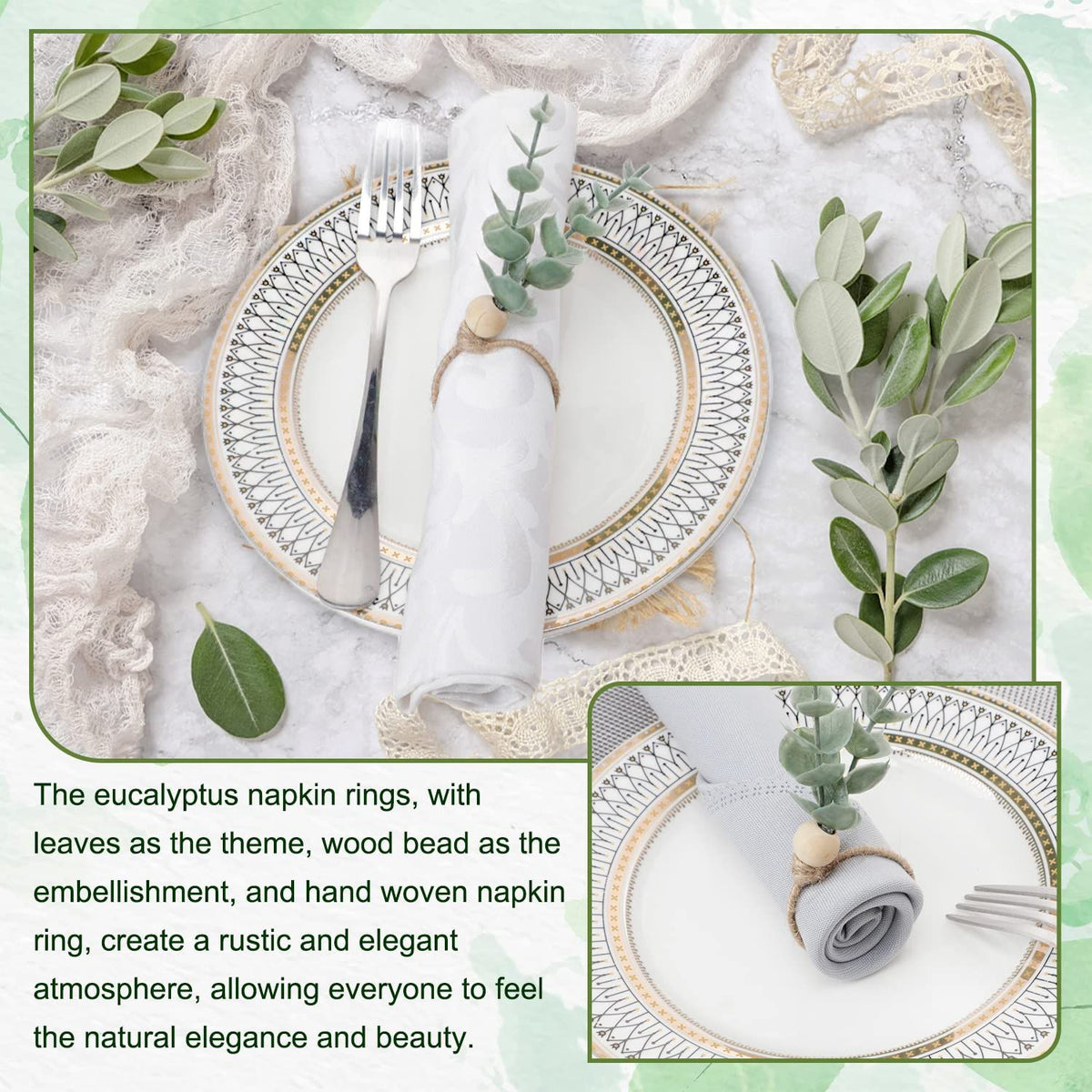 Rings Set of 12, Farmhouse Napkin Rings Eucalyptus Napkin Rings Wooden Napkin Rings Spring Rustic Green Leaf Napkin Rings