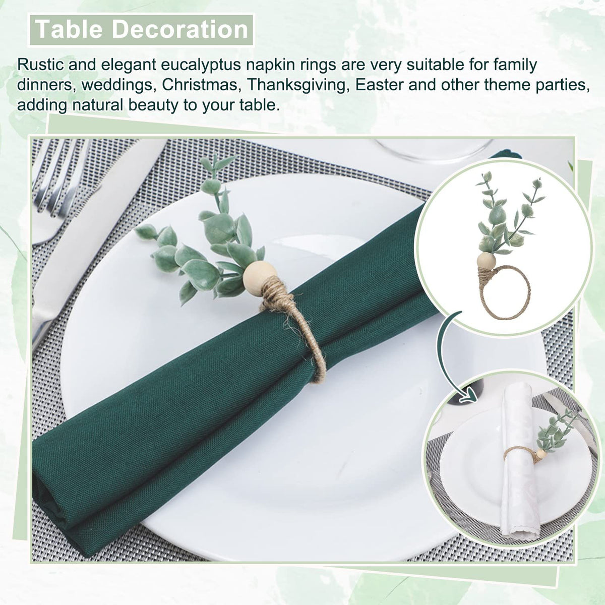 Rings Set of 12, Farmhouse Napkin Rings Eucalyptus Napkin Rings Wooden Napkin Rings Spring Rustic Green Leaf Napkin Rings