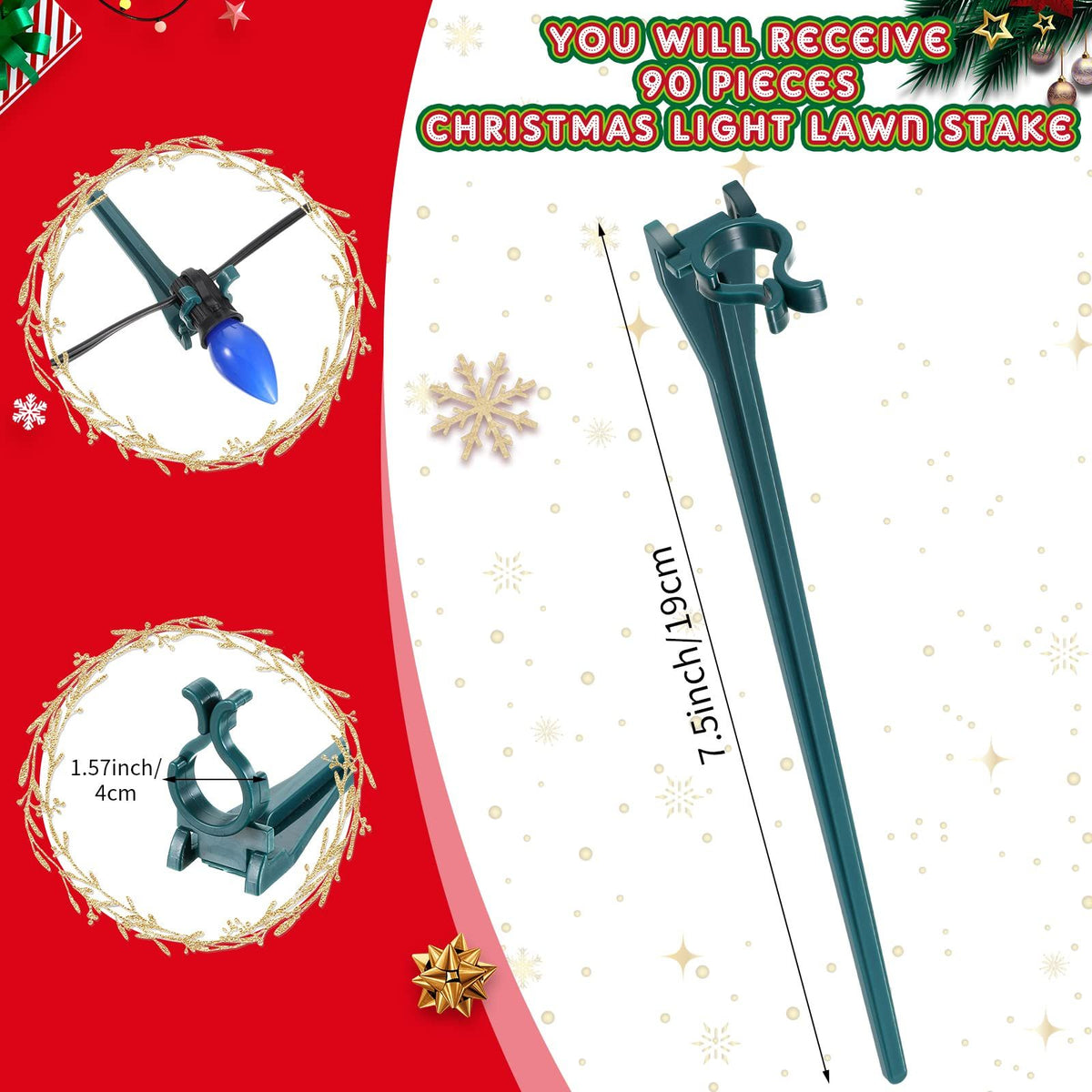 Christmas Light Stakes Universal Yard Lawn Holiday Light Stakes for C7 C9 String Lights, 7.5 inches Ground Stakes(Green,90 Pieces)