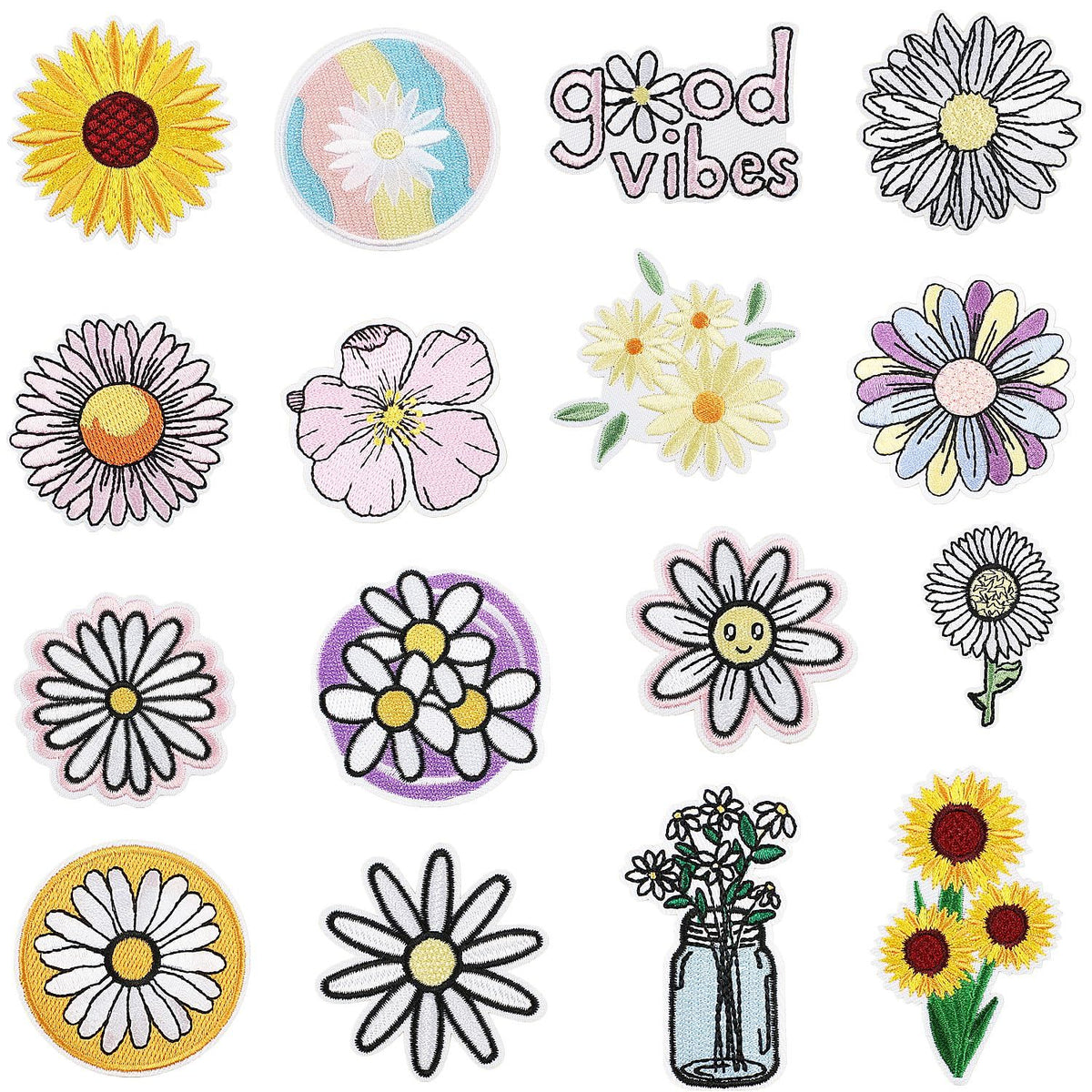 16Pcs Assorted Sunflower Daisy Flower Patch, Sew/Iron on Embroidered Appliques DIY Craft Patches for Clothes Backpacks Hats Jeans