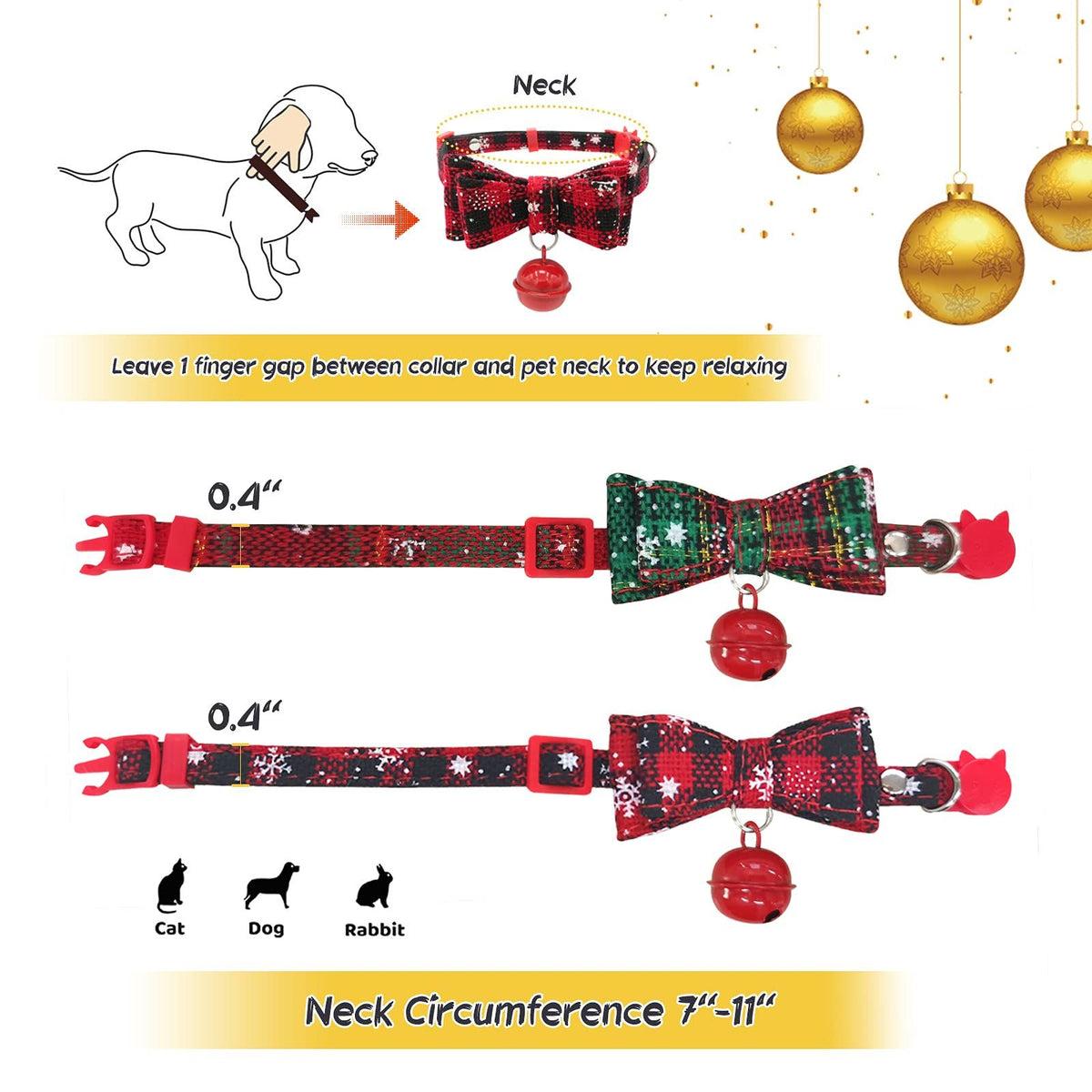 2 Pack/Set Christmas Cat Collar Breakaway Kitten Collars with Bow Tie and Bell Santa Outfit for Cats, Small Dogs, Rabbits