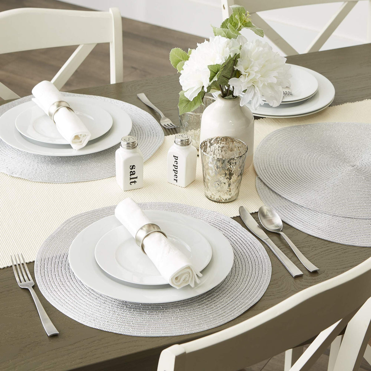 4 Piece DII Woven Placemats Collection Metallic Round Placemat Set, 11.8", Platinum SilverDecorative Sparkle Bling