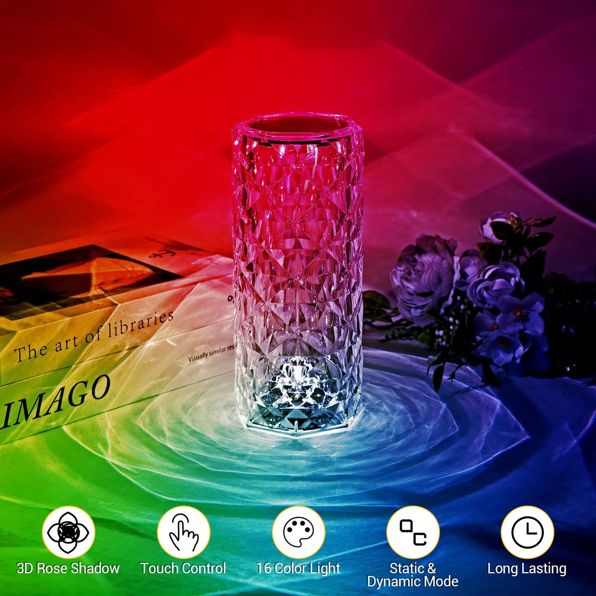 Crystal Lamp,Touch Control Crystal table Lamp,Crystal Rose Lamp with 16 Colors,RGB Night Light with USB & Remote Control
