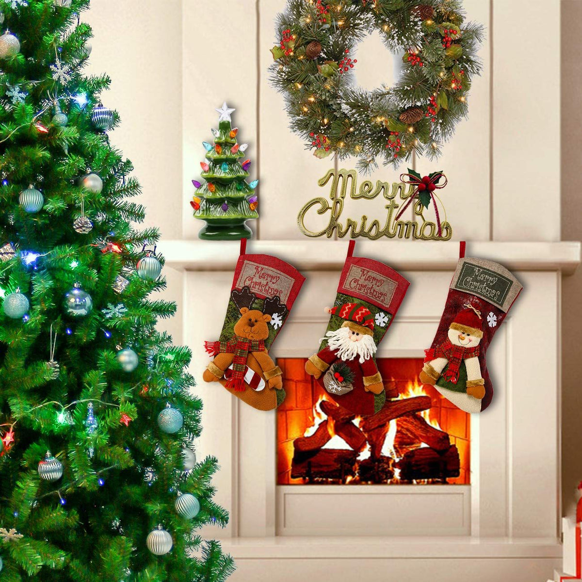 3 PCS 16.5" Christmas Stocking Classic Large Stockings Santa, Snowman, Reindeer Xmas Character for Family Holiday Christmas Party