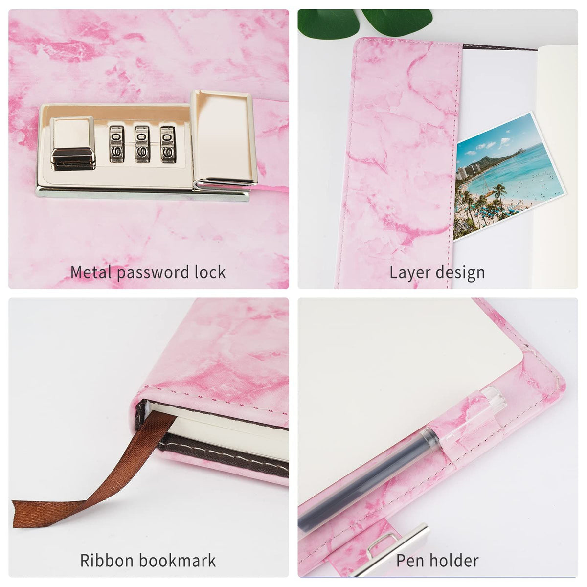 Marble Diary with Lock, Refillable A5 Daily Journal for Girls and Women, 200 Pages Cute Notebook with Combination Lock