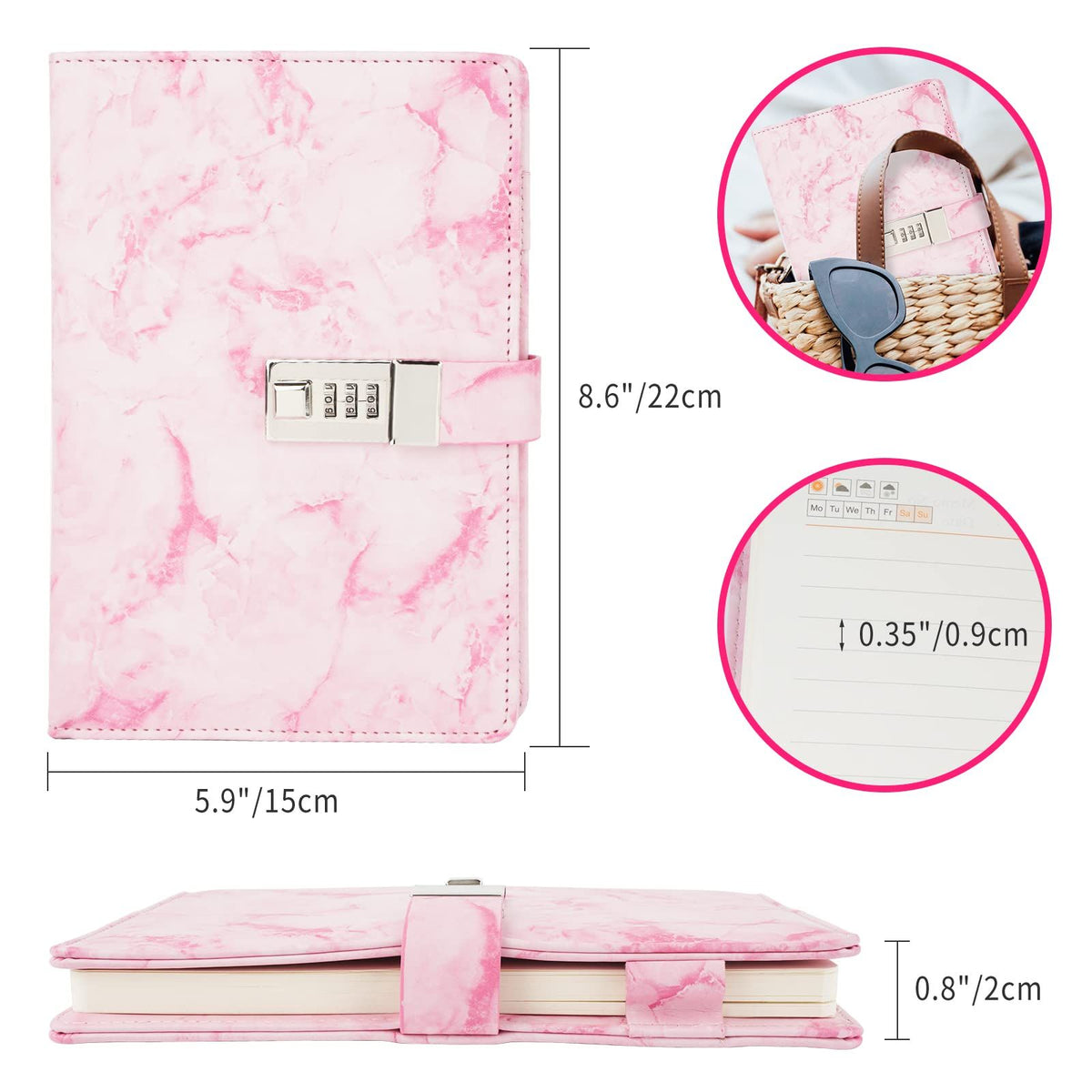 Marble Diary with Lock, Refillable A5 Daily Journal for Girls and Women, 200 Pages Cute Notebook with Combination Lock