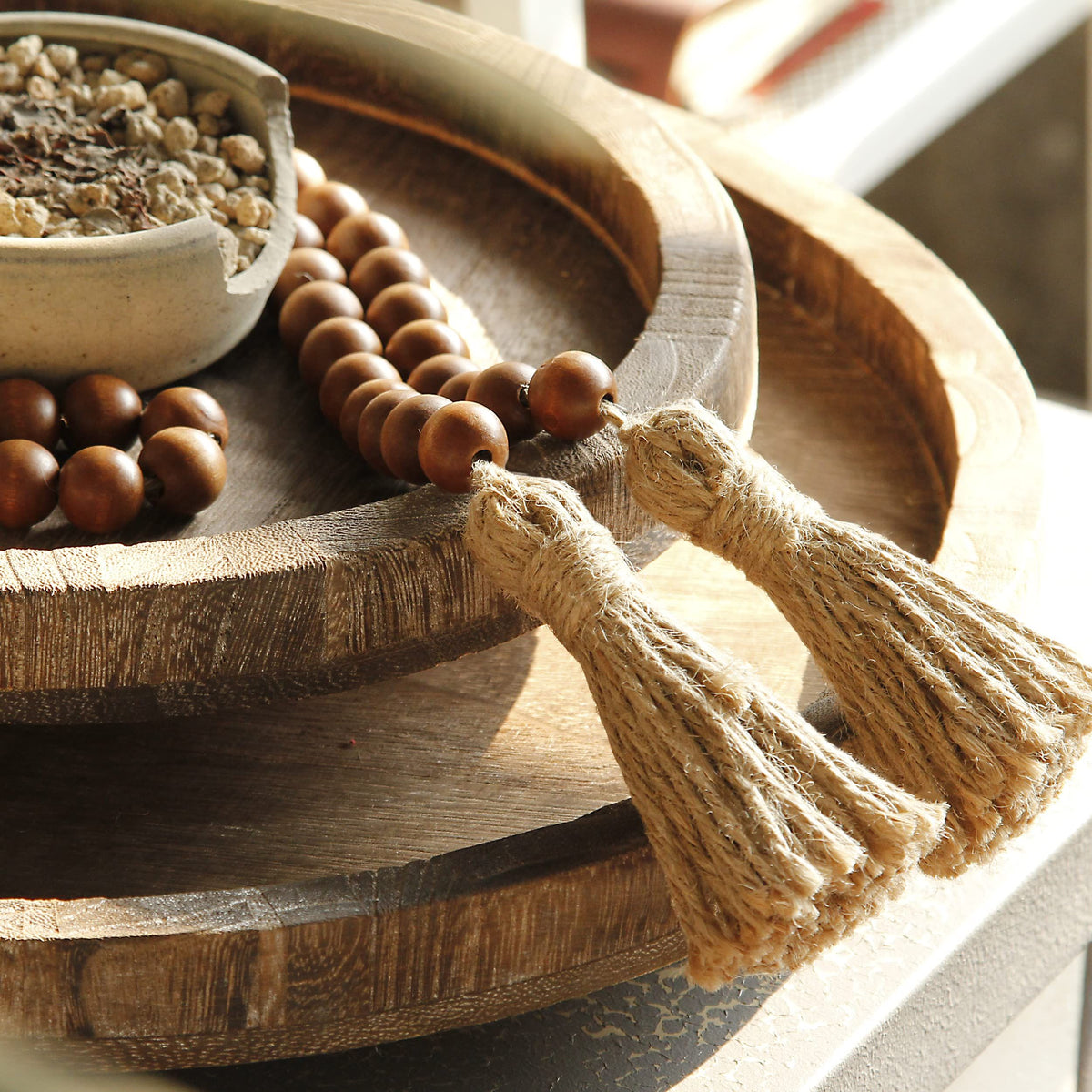 39in Wood Bead Garland Farmhouse with Tassels,Versatile Prayer Beads Boho Chic Wall Hanging Home Decor (Brown)