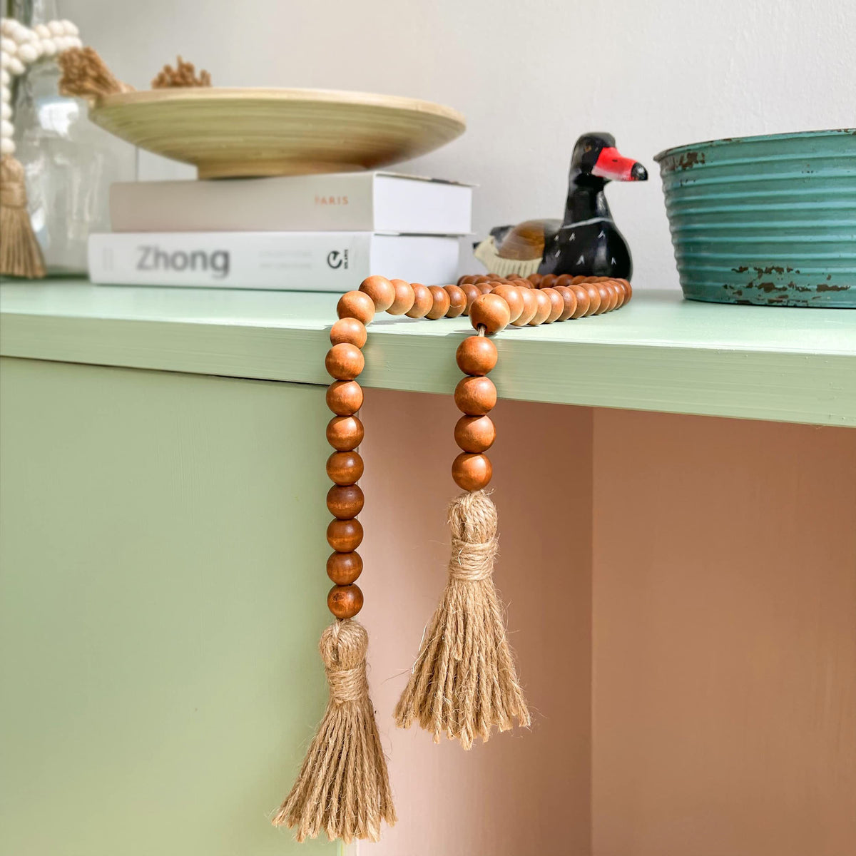 39in Wood Bead Garland Farmhouse with Tassels,Versatile Prayer Beads Boho Chic Wall Hanging Home Decor (Brown)