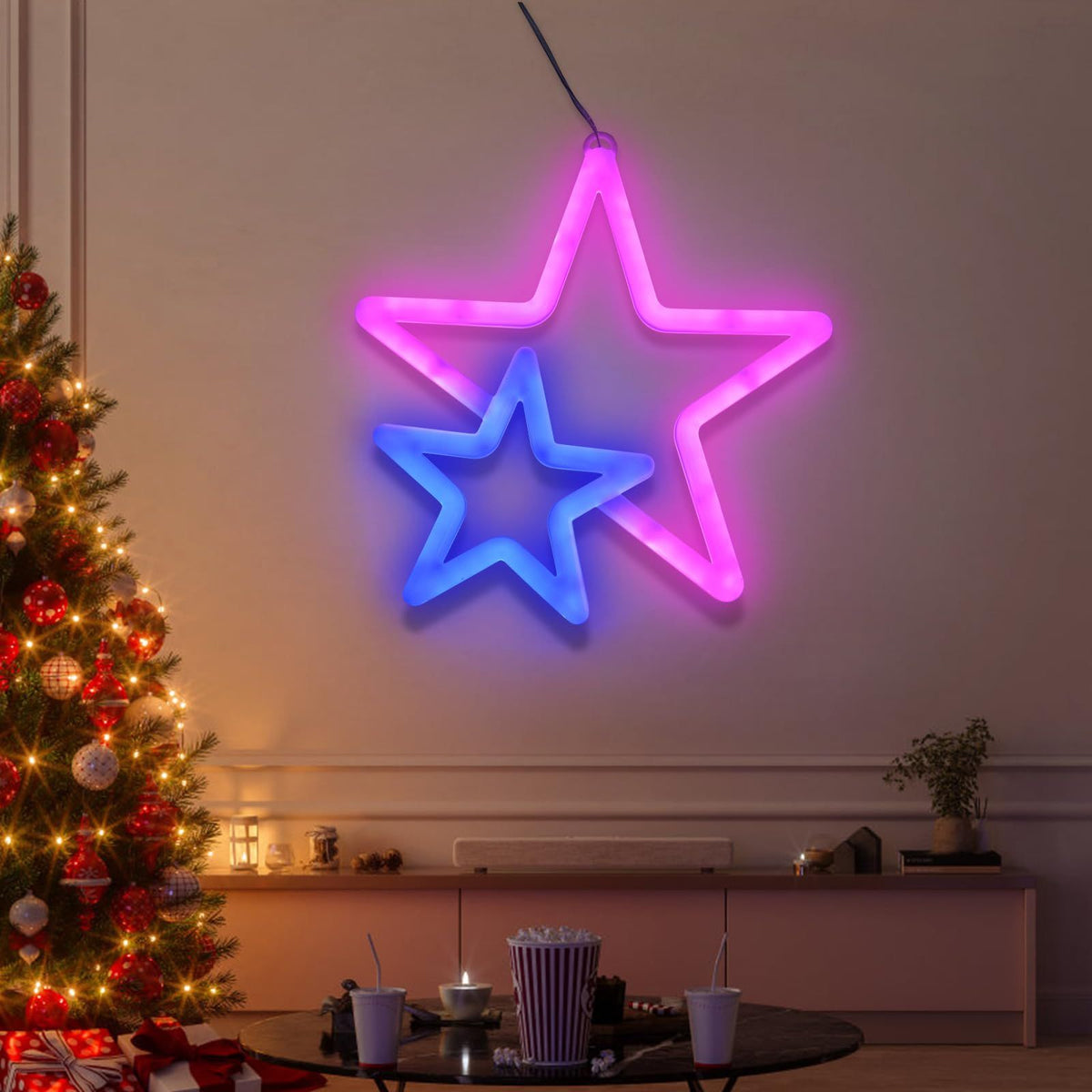Star Neon Signs, Pink Neon Lights for Wall Decor, Battery Operated or USB Powered Decorations Lights, Wall Décor for Birthday