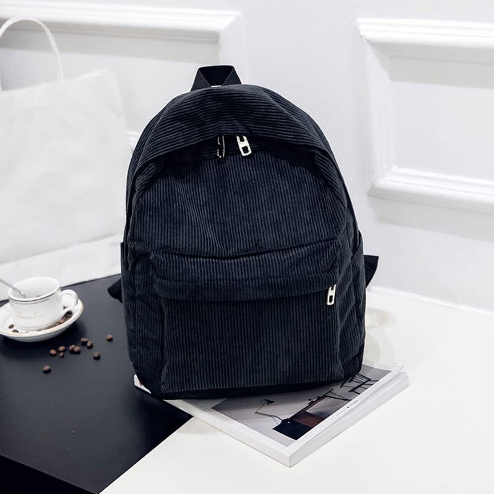 Corduroy Backpack, 14 Inch Cute Backpack Aesthetic Casual Striped Bookbag Lightweight Corduroy Book Bag for Travel (Black)