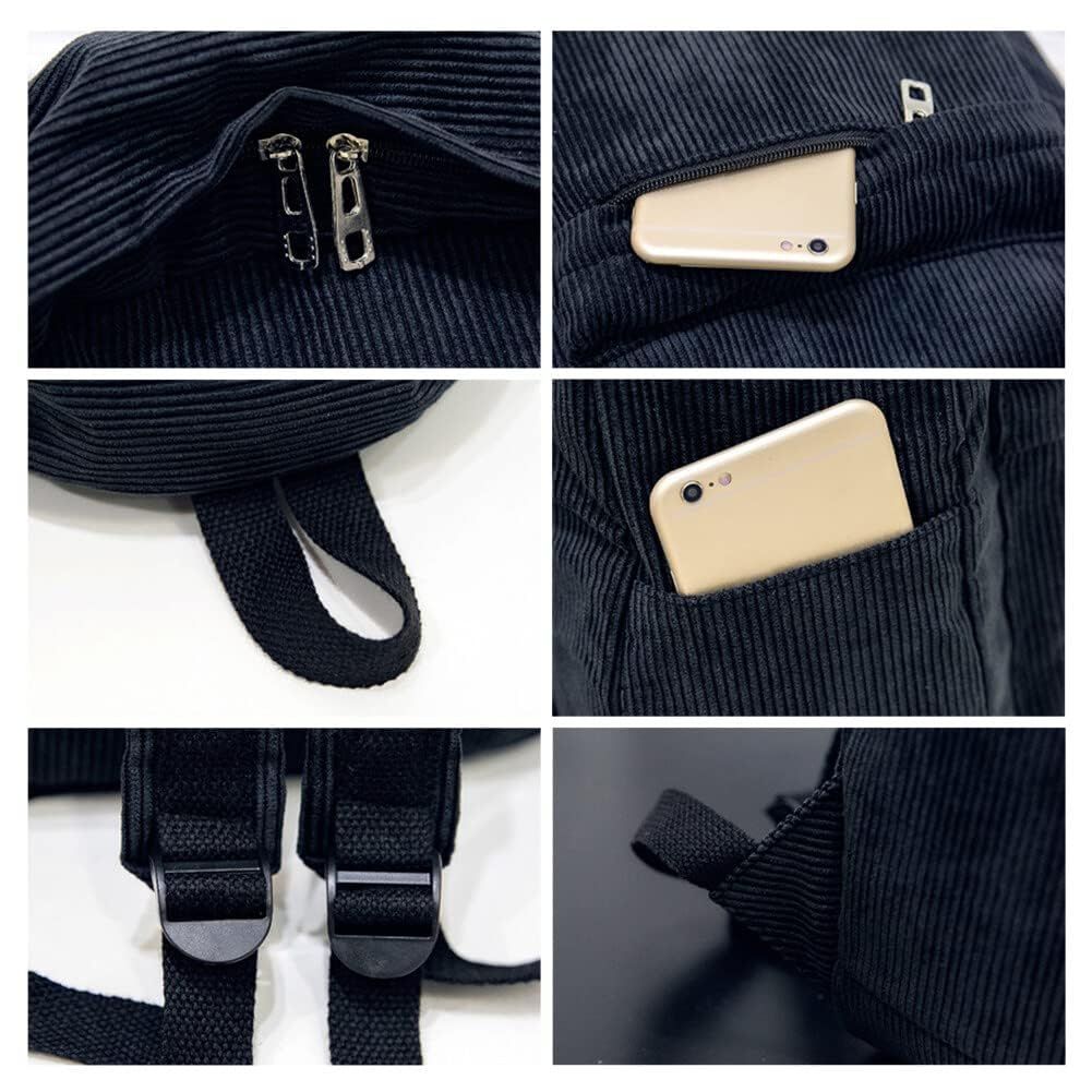 Corduroy Backpack, 14 Inch Cute Backpack Aesthetic Casual Striped Bookbag Lightweight Corduroy Book Bag for Travel (Black)