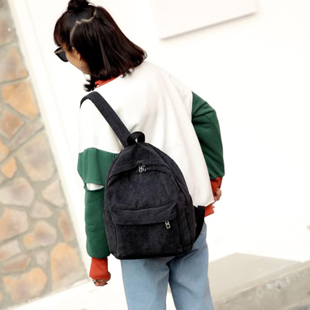 Corduroy Backpack, 14 Inch Cute Backpack Aesthetic Casual Striped Bookbag Lightweight Corduroy Book Bag for Travel (Black)