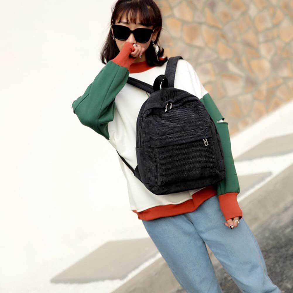 Corduroy Backpack, 14 Inch Cute Backpack Aesthetic Casual Striped Bookbag Lightweight Corduroy Book Bag for Travel (Black)