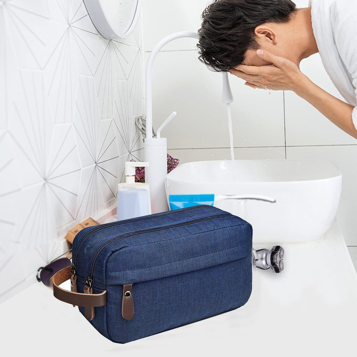 Toiletry Travel Bag for Men Waterproof Travel Toiletry Organizer Bag with Handle Men's Dopp Kit Shaving Bag Large Capacity (Navy)