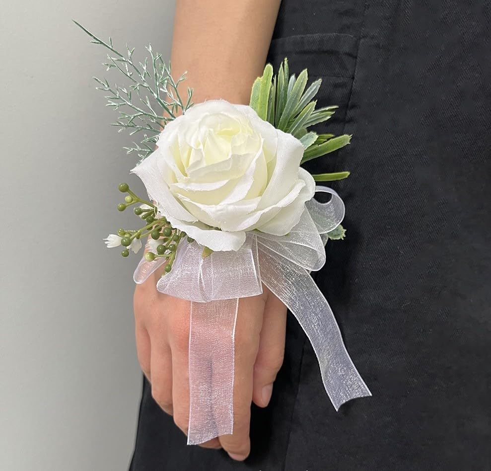 2 pieces Wrist Corsage Set, Artificial Rose Men Women Corsage Wristband Bracelet, Bride Groom Wedding Prom Party Flowers