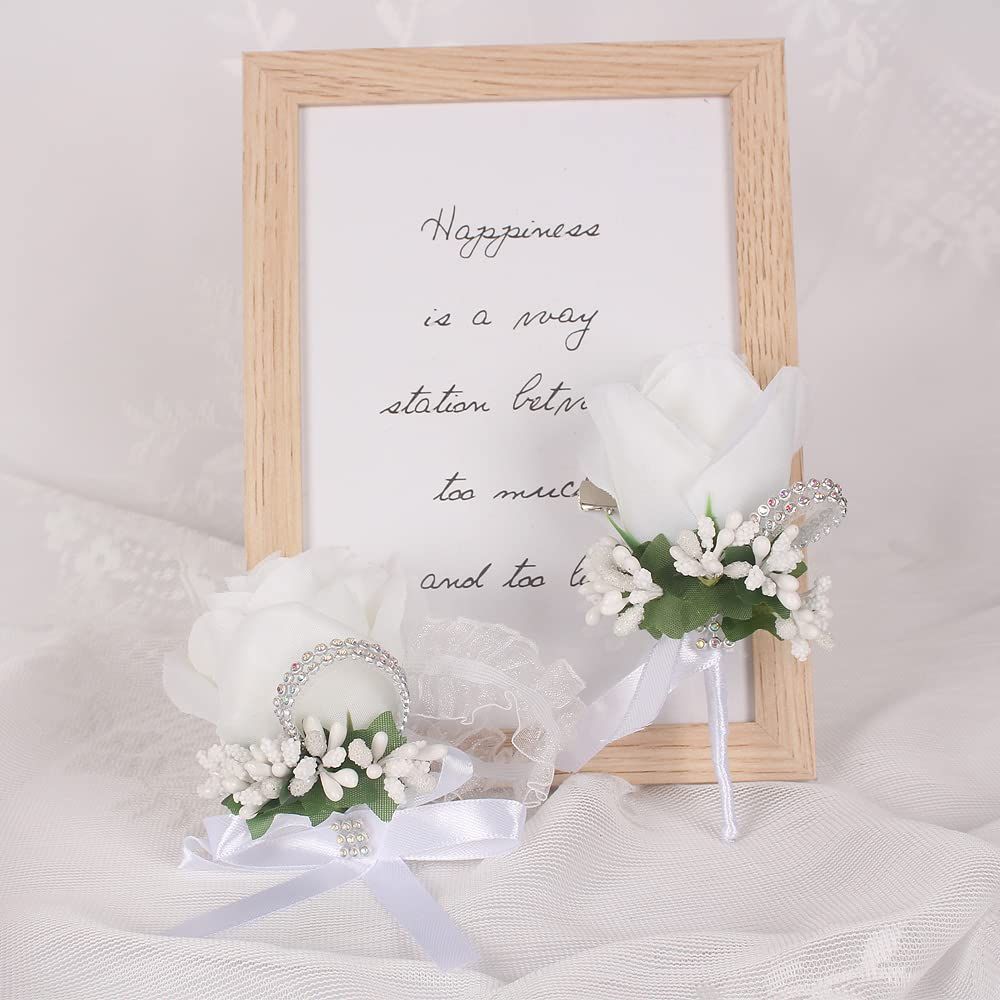 Rose Wrist Corsage Bridesmaid Corsage and Boutonniere Set for Wedding Prom Party Hand Flower Decoration Set of 2 (White)