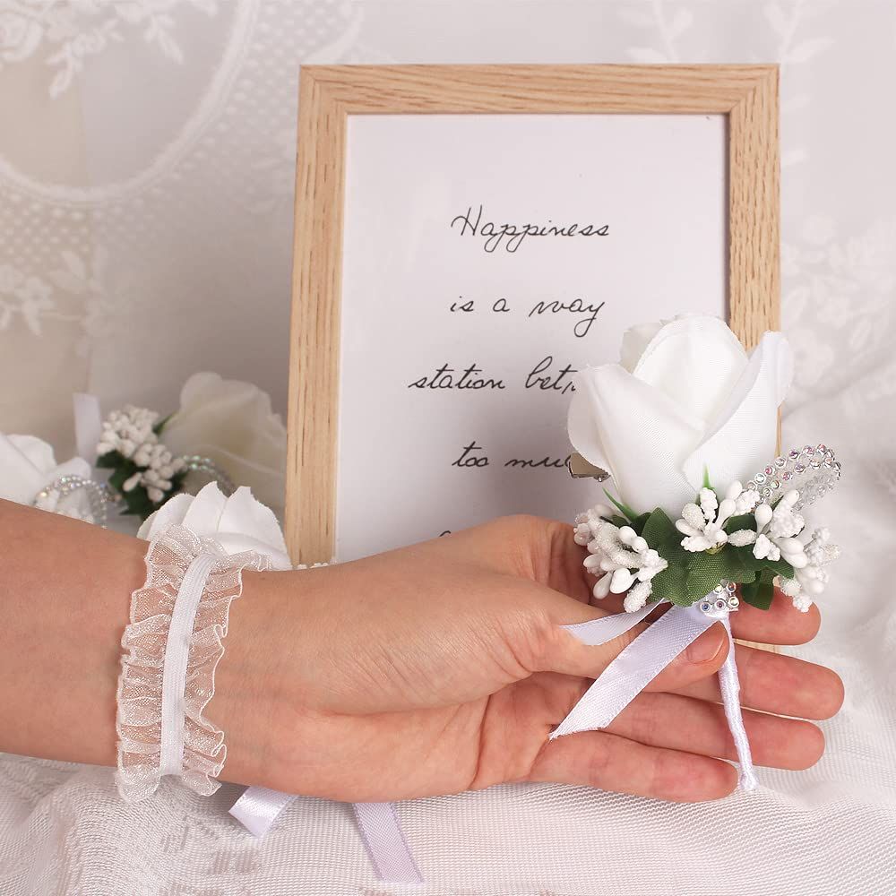 Rose Wrist Corsage Bridesmaid Corsage and Boutonniere Set for Wedding Prom Party Hand Flower Decoration Set of 2 (White)