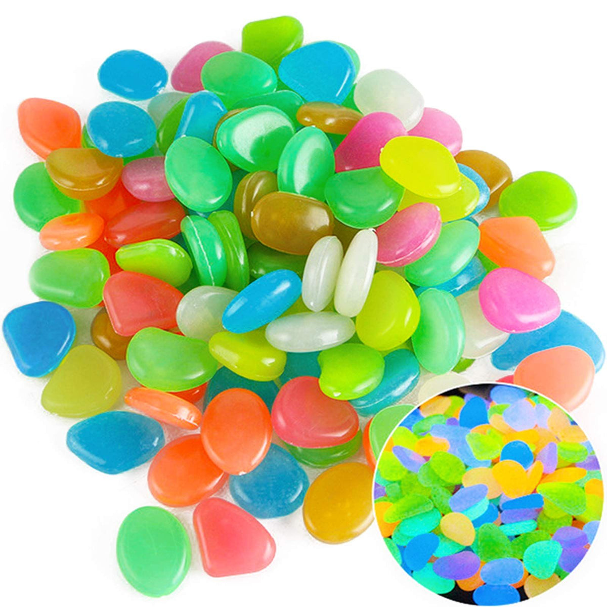 Pebbles/Glow Stones/Glowing Rocks Blue Decor for Garden/Fish Tank/Aquarium/Walkway/Driveway/Plant Pots/Bonsai (100, multi-colored)