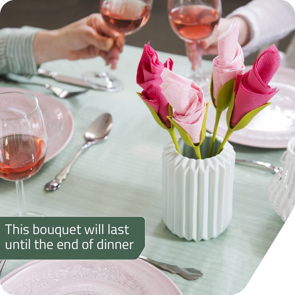 Napkin Holders for Tables, Set of 4 Green Stemmed Plastic Twist Flower Buds Serviette Holders Plus White Napkins