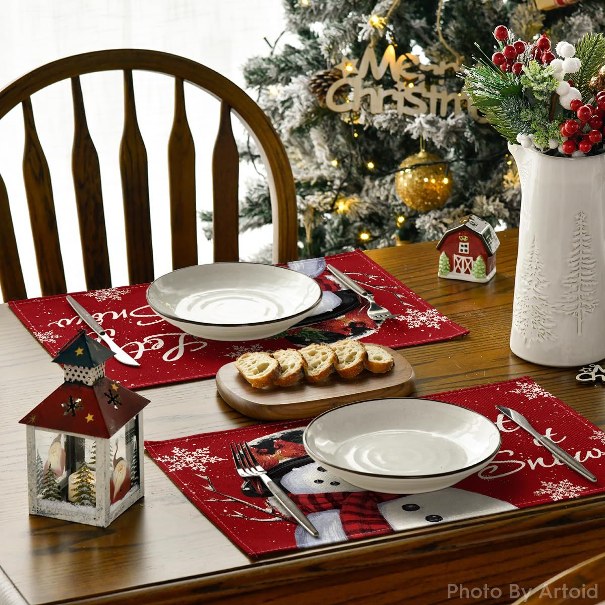 Winter Placemats Set of 4, 30cmx45cm Seasonal Christmas Holiday Table Mats for Party Kitchen Dining Decoration