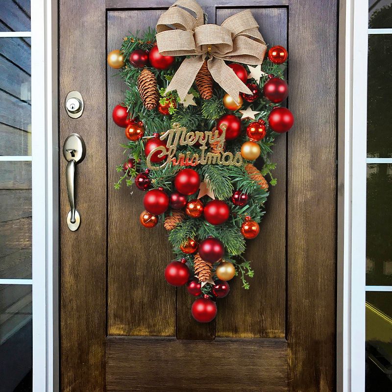 Christmas Wreath Wall Hanging Ornament Artificial Christmas Teardrop Merry Christmas Front Door Decorative Wreath Garland Xmas