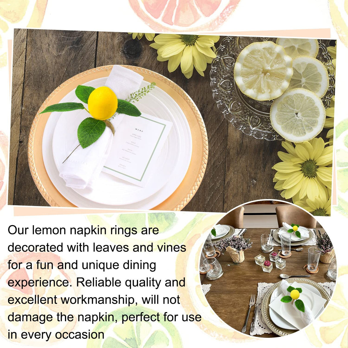 Lemon Napkin Rings Set of 6, Faux Lemon Summer Farmhouse Napkin Ring Holder for Dining Table Decor Banquet Wedding Birthday