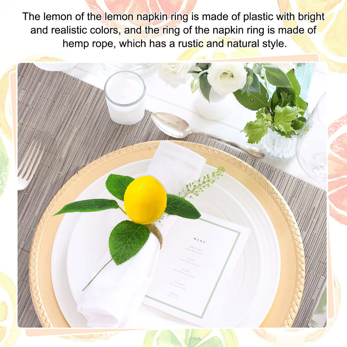 Lemon Napkin Rings Set of 6, Faux Lemon Summer Farmhouse Napkin Ring Holder for Dining Table Decor Banquet Wedding Birthday