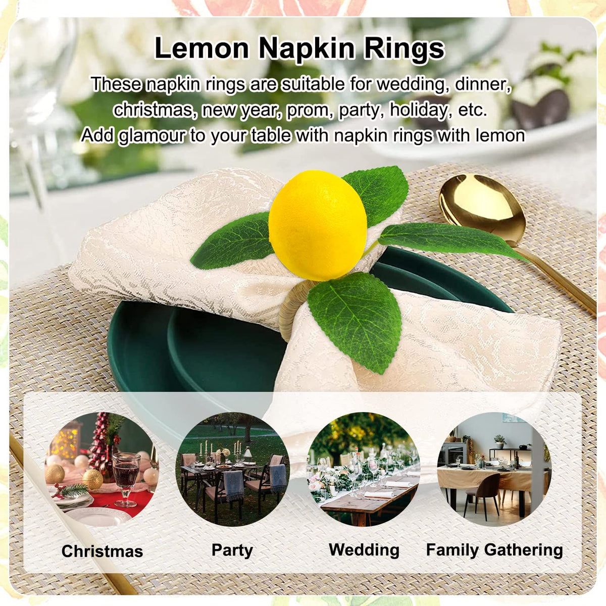 Lemon Napkin Rings Set of 6, Faux Lemon Summer Farmhouse Napkin Ring Holder for Dining Table Decor Banquet Wedding Birthday