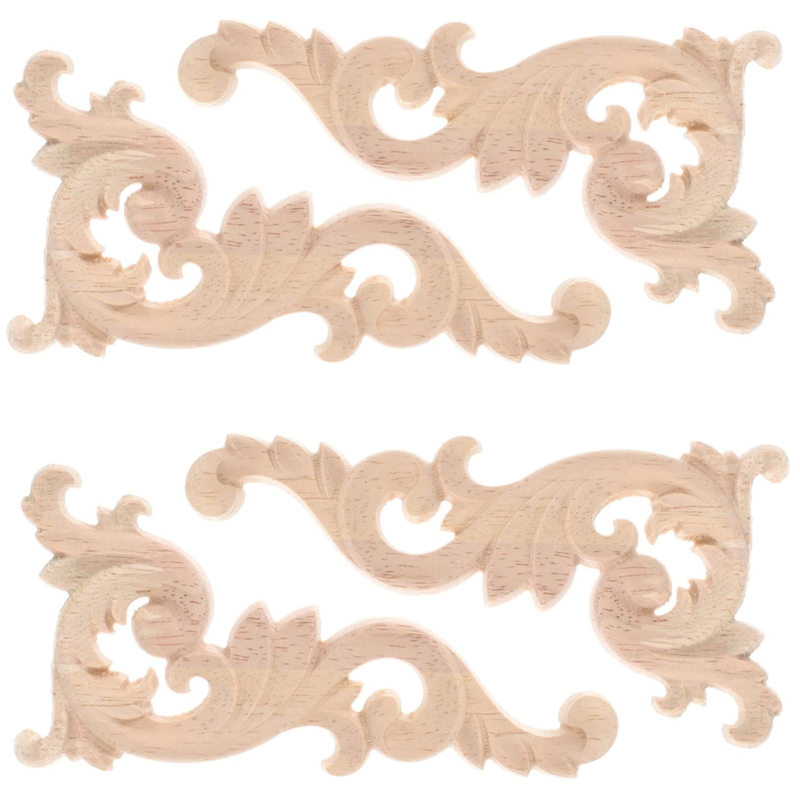 4pcs Furniture Decals Retro Decor Wood Applique Dresser Decor Unpainted Carved Unpainted Wooden Furniture Wood Carved （16*8*0.8cm）
