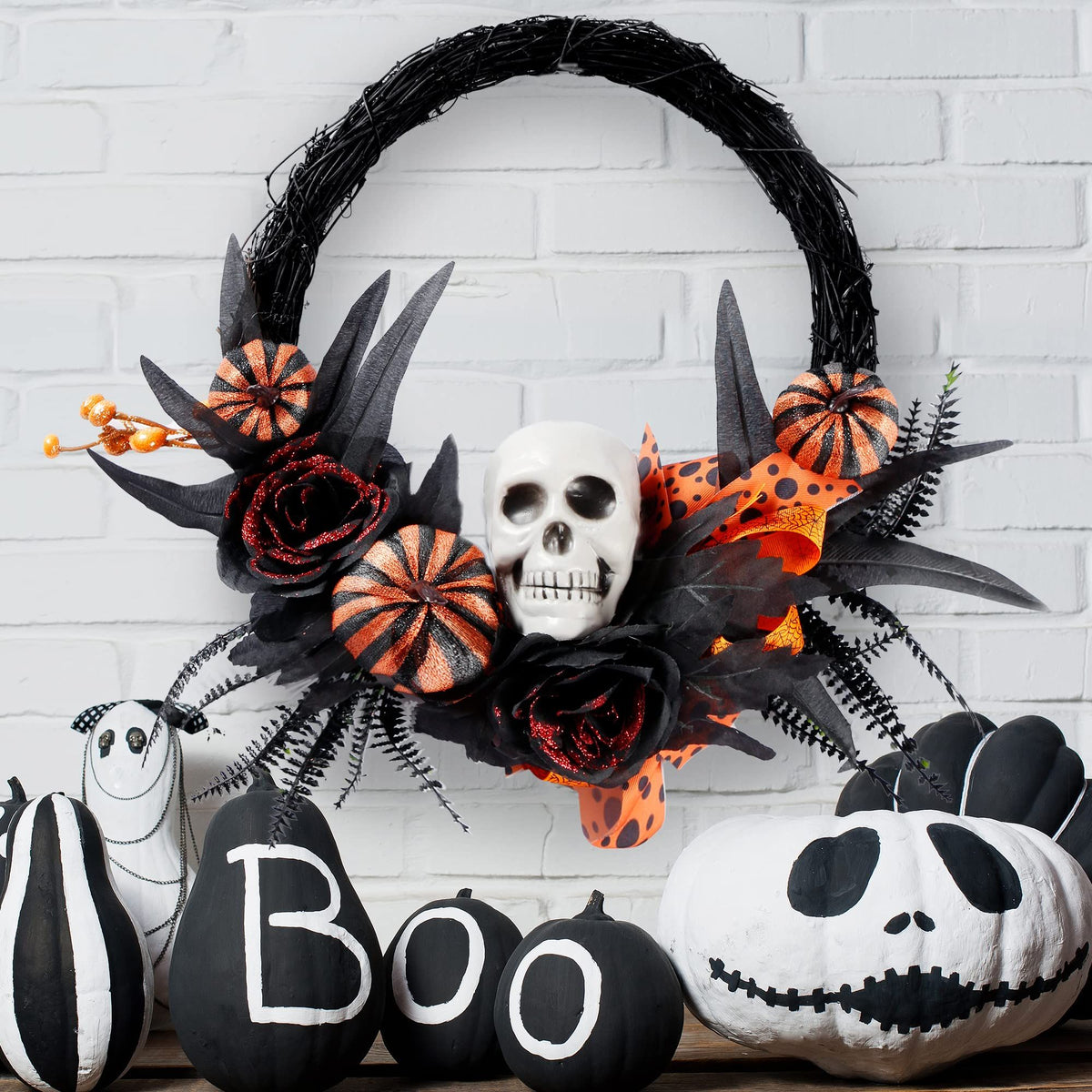 Halloween Wreath Artificial Skull Wreath Handmade Black Grapevine Wreath with Pumpkin Rose Ribbon Bat 15.7”Front Door Decorations